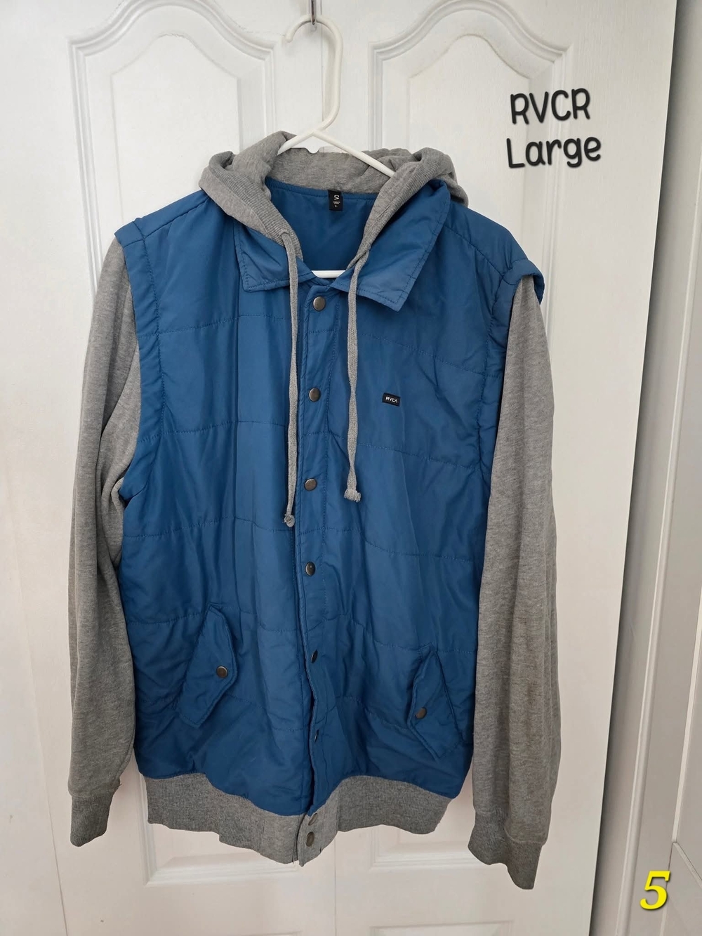 RVCA Blue Quilted Hooded Jacket with Gray Sleeves